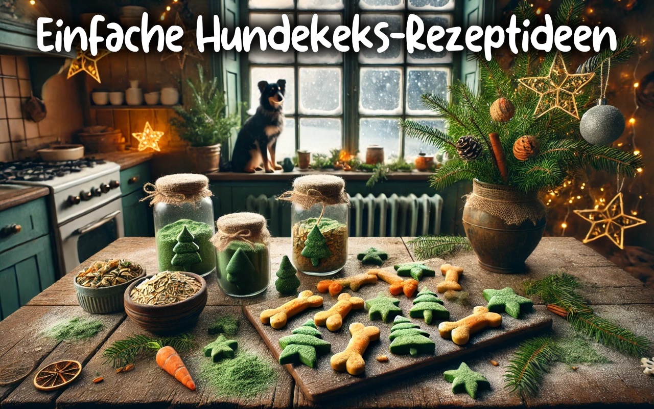 Einfache Rezeptideen für leckere Hundekekse zum selber machen. Die Hundeplätzchen werden präsentiert auf einem Holztisch in einer alten Küche mit winterlicher Dekoration.