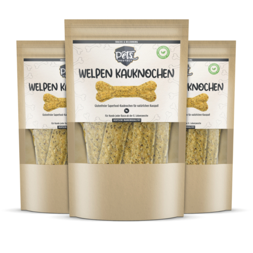 Drei Mal das Produkt Welpen Kauknochen abgebildet als Spar-Pack / Bundle zum vergünstigten Preis.